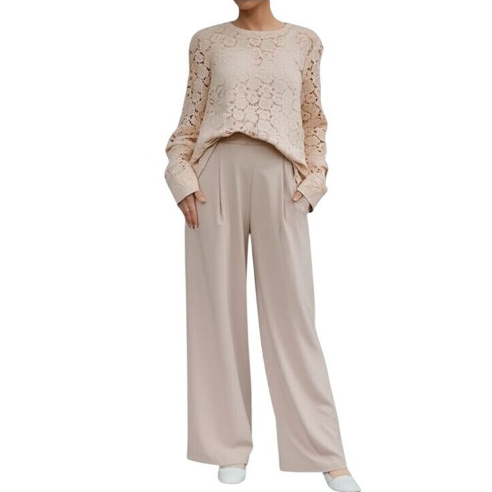 Ann Taylor Womens Beige Lace Front Twee Pullover Top Back Zipper Closure M